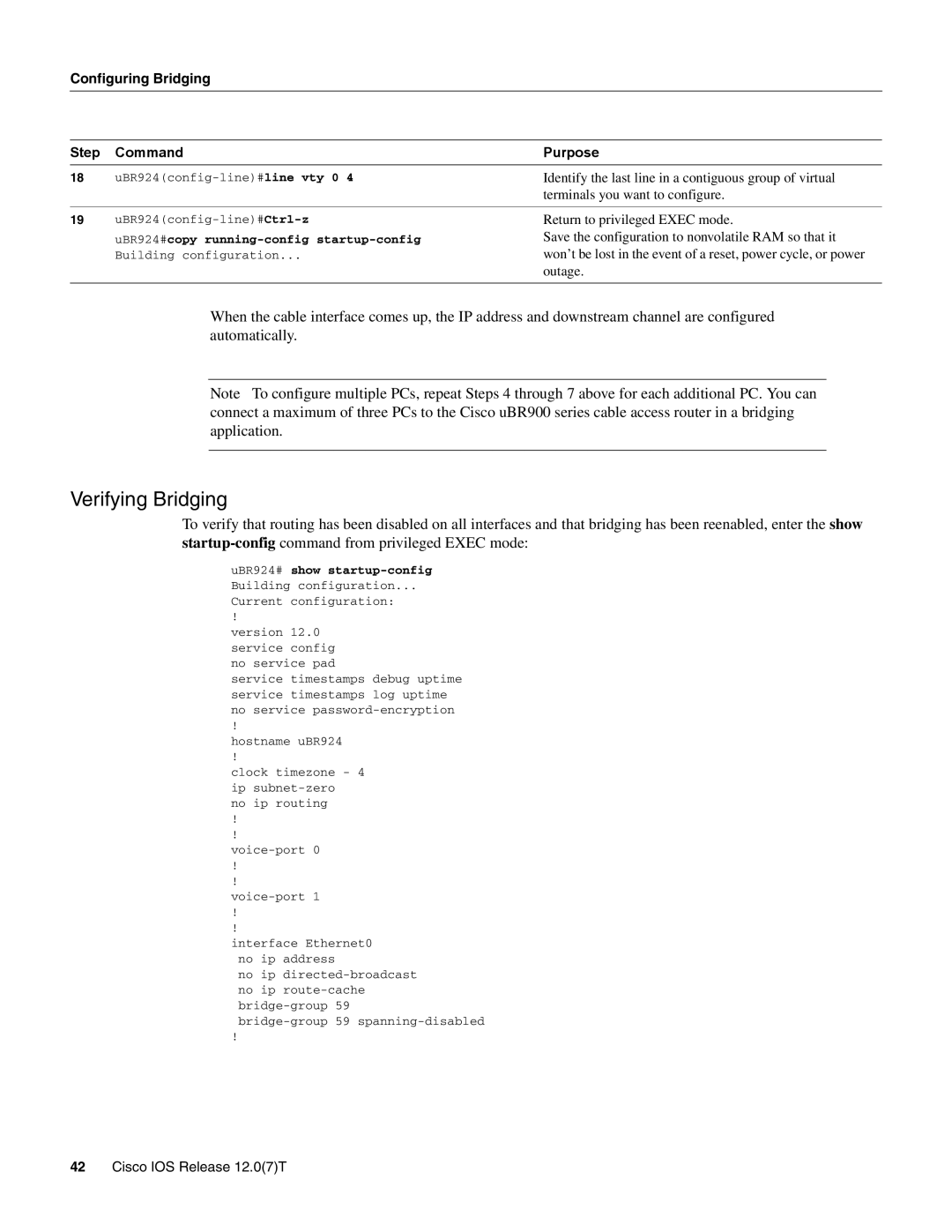 Cisco Systems UBR900 specifications Configuring Bridging Step Command Purpose, UBR924config-line#line vty 0 