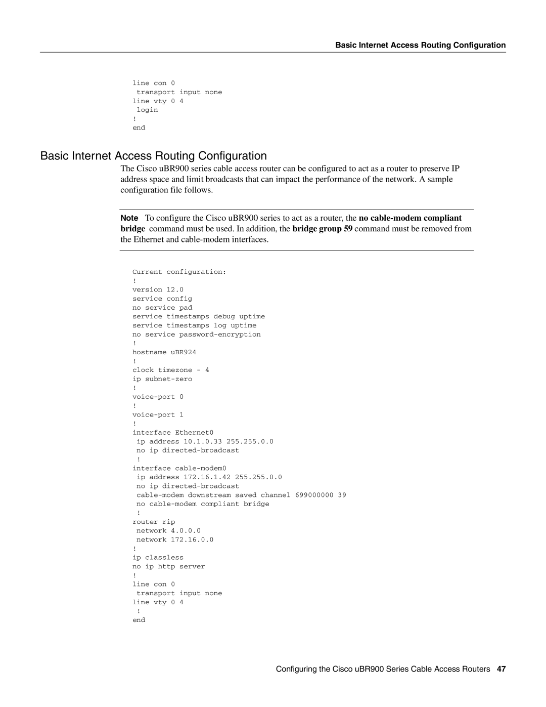 Cisco Systems UBR900 specifications Basic Internet Access Routing Configuration 