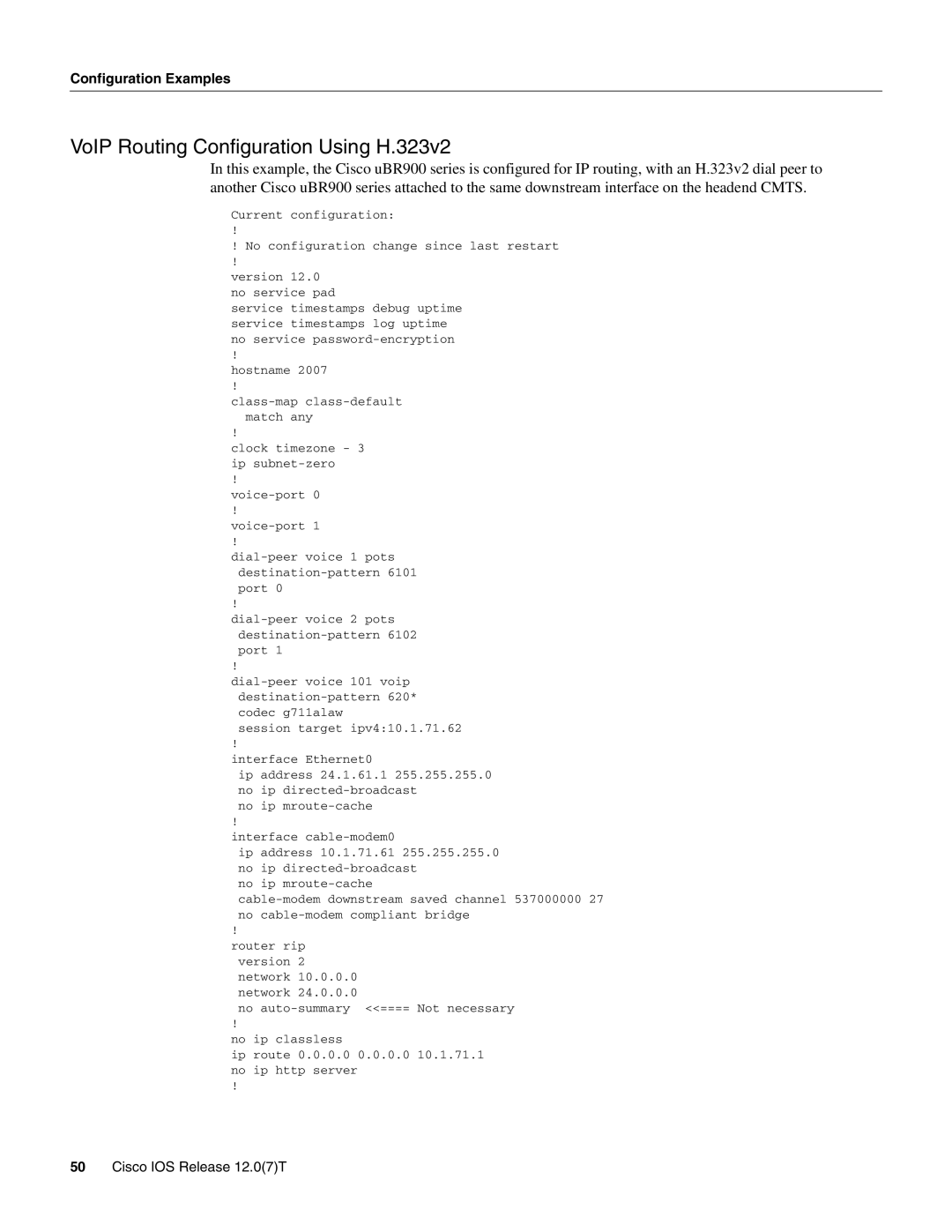 Cisco Systems UBR900 specifications VoIP Routing Configuration Using H.323v2 