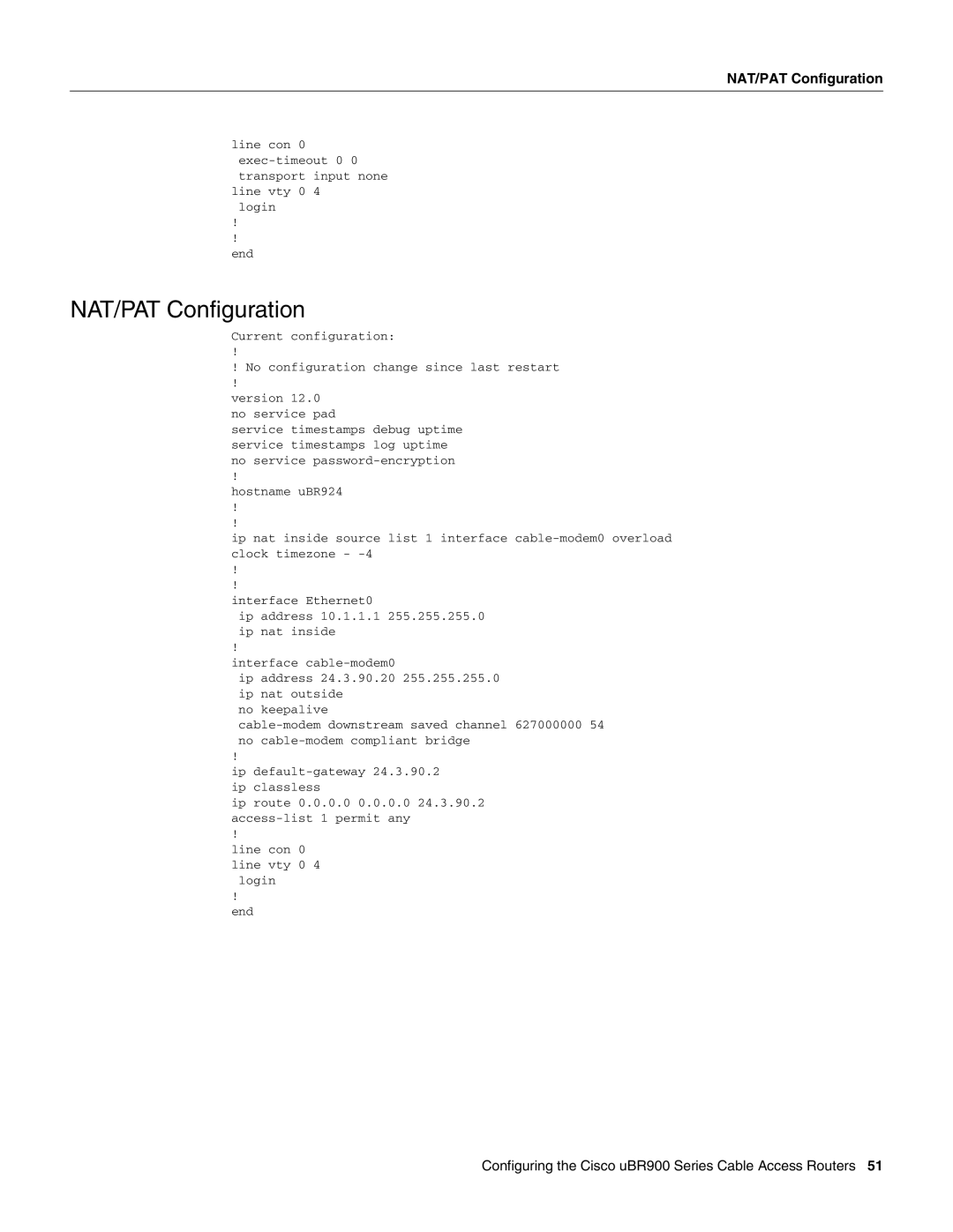 Cisco Systems UBR900 specifications NAT/PAT Configuration 