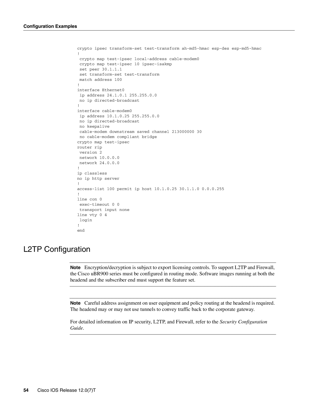 Cisco Systems UBR900 specifications L2TP Configuration 