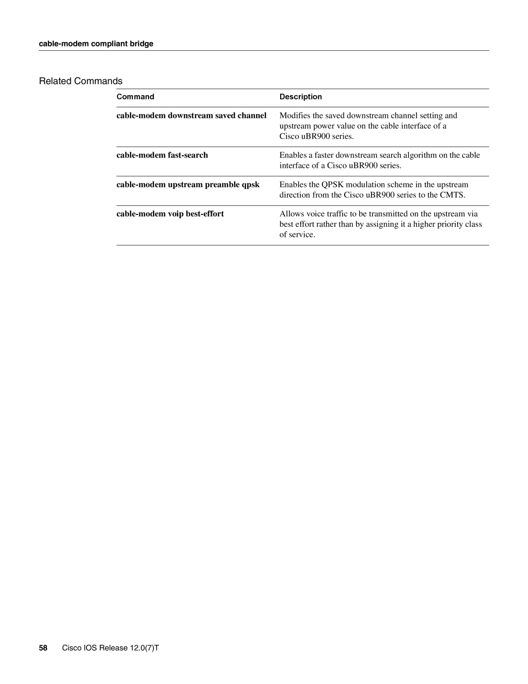 Cisco Systems UBR900 specifications Related Commands, Command Description 