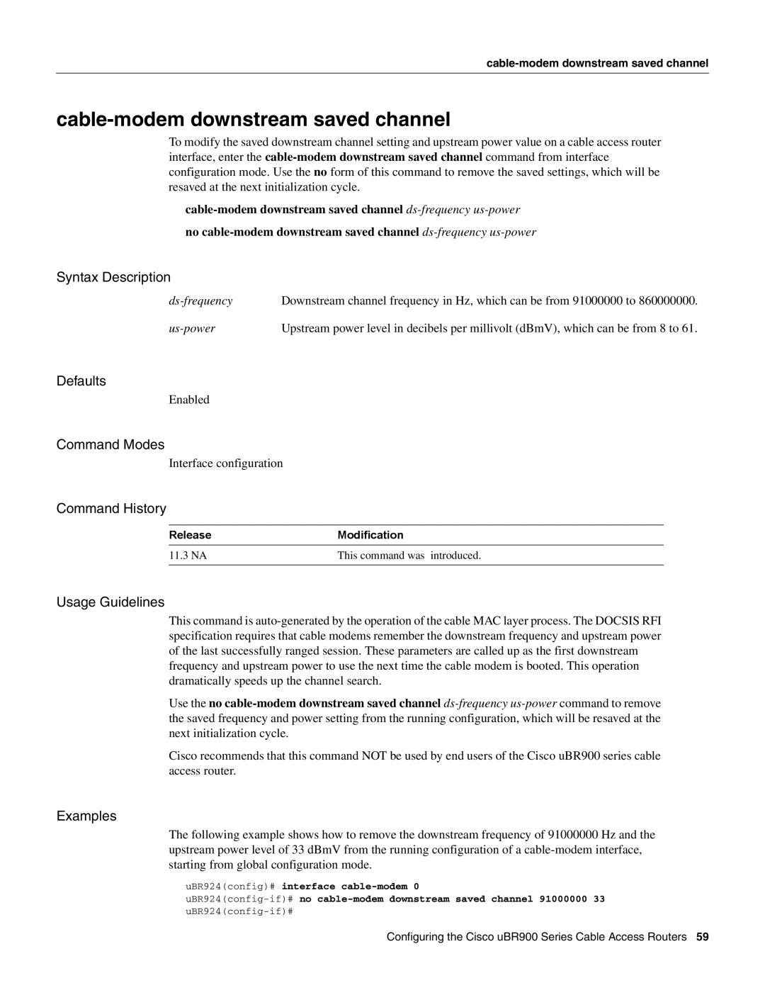 Cisco Systems UBR900 specifications Cable-modem downstream saved channel 