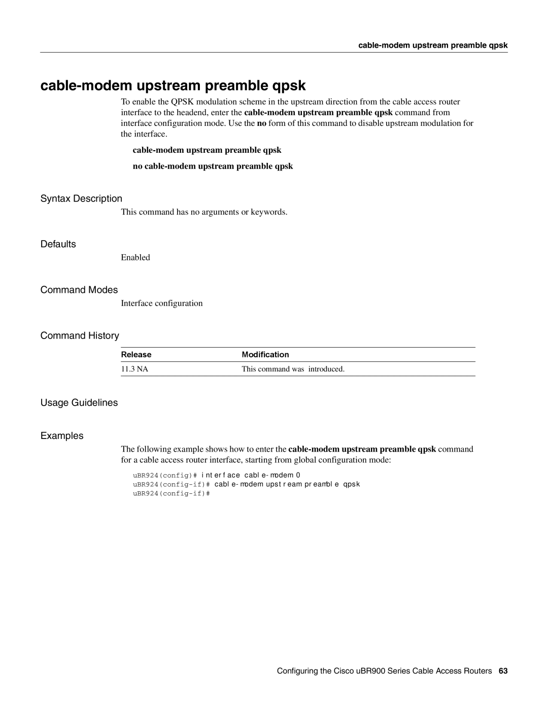 Cisco Systems UBR900 specifications Cable-modem upstream preamble qpsk, Usage Guidelines Examples 