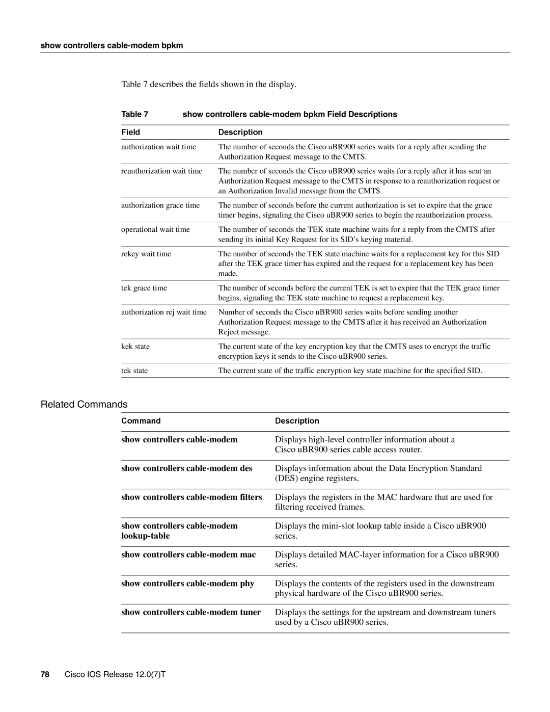 Cisco Systems UBR900 Describes the fields shown in the display, Show controllers cable-modem bpkm Field Descriptions 