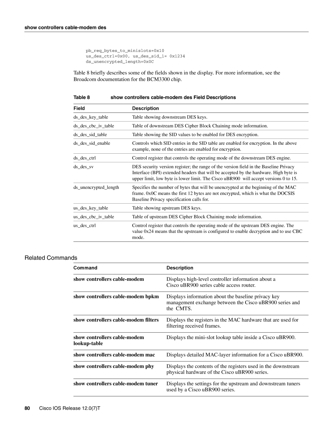 Cisco Systems UBR900 specifications Show controllers cable-modem des Field Descriptions 