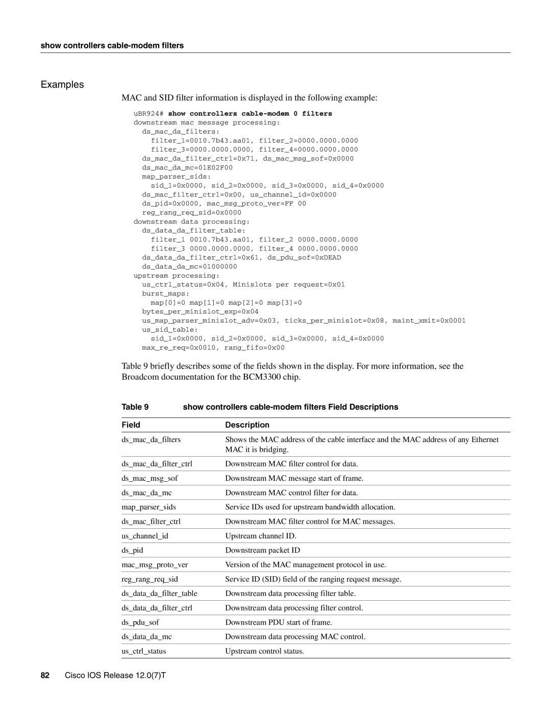 Cisco Systems UBR900 specifications Show controllers cable-modem filters Field Descriptions, Dsmacdafilters 