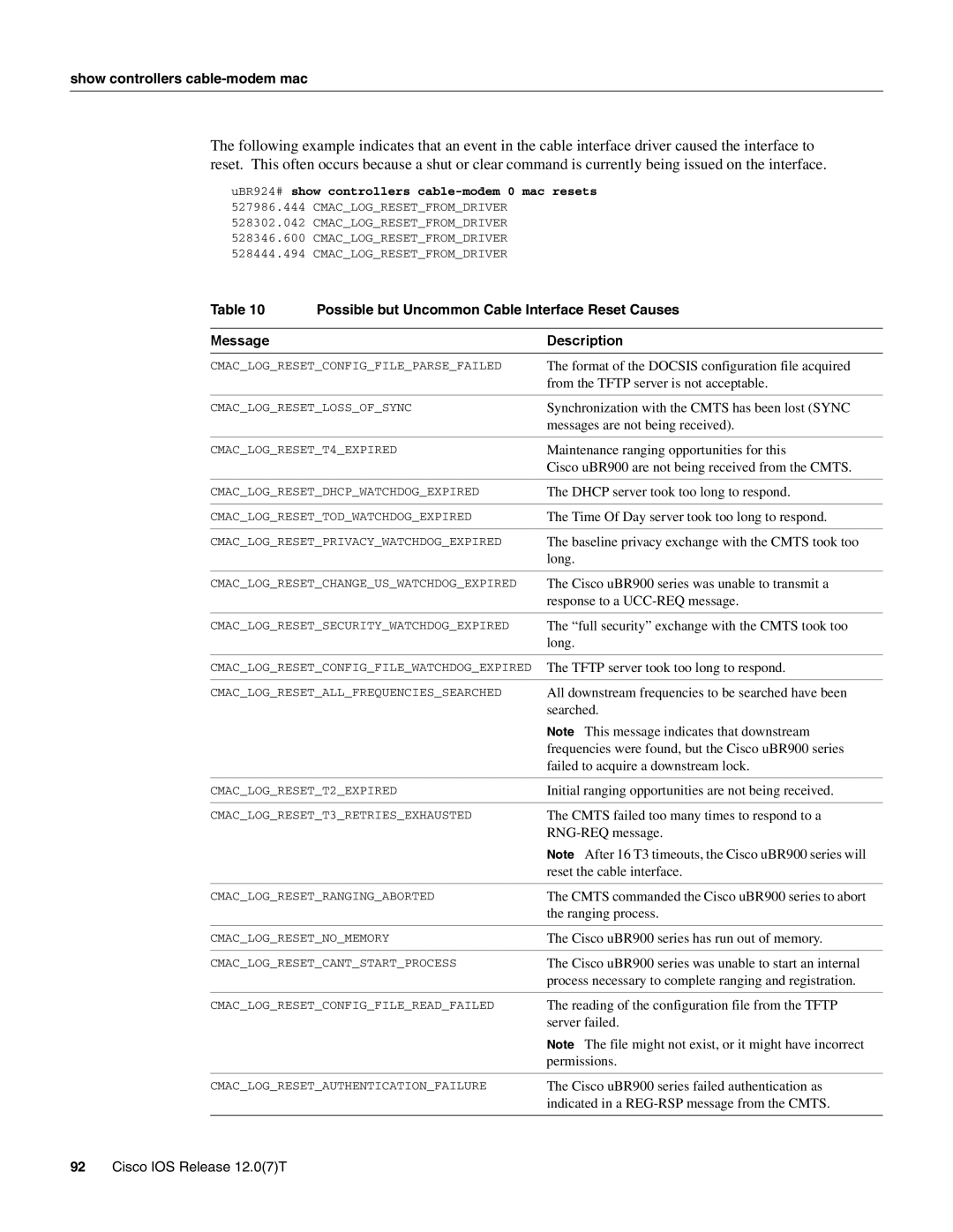 Cisco Systems UBR900 specifications Possible but Uncommon Cable Interface Reset Causes, Message Description 