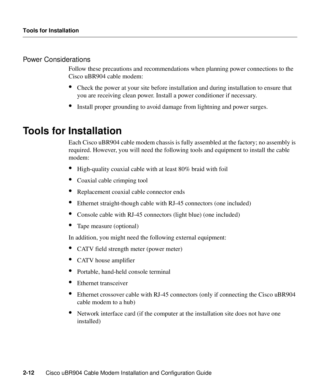 Cisco Systems UBR904 manual Tools for Installation, Power Considerations 