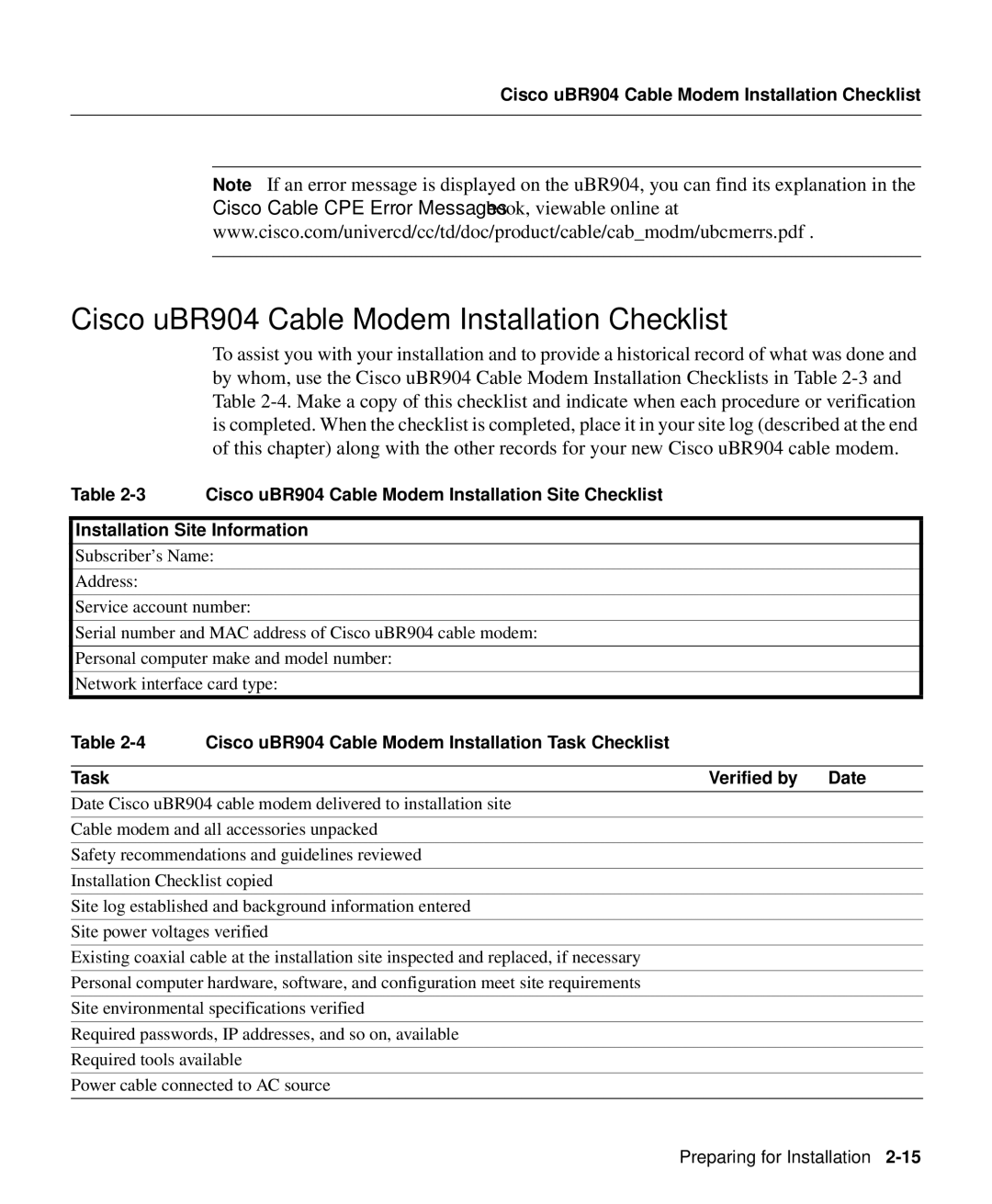 Cisco Systems UBR904 manual Cisco uBR904 Cable Modem Installation Checklist 