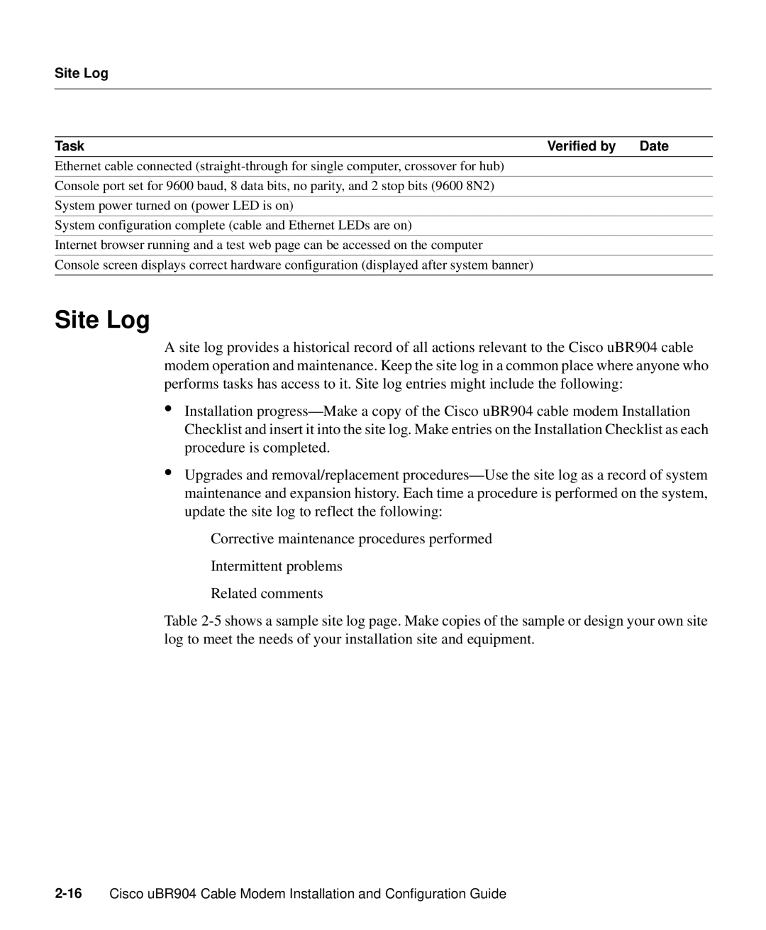 Cisco Systems UBR904 manual Site Log Task Verified by Date 