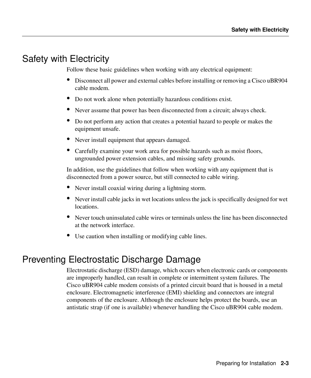 Cisco Systems UBR904 manual Safety with Electricity, Preventing Electrostatic Discharge Damage 