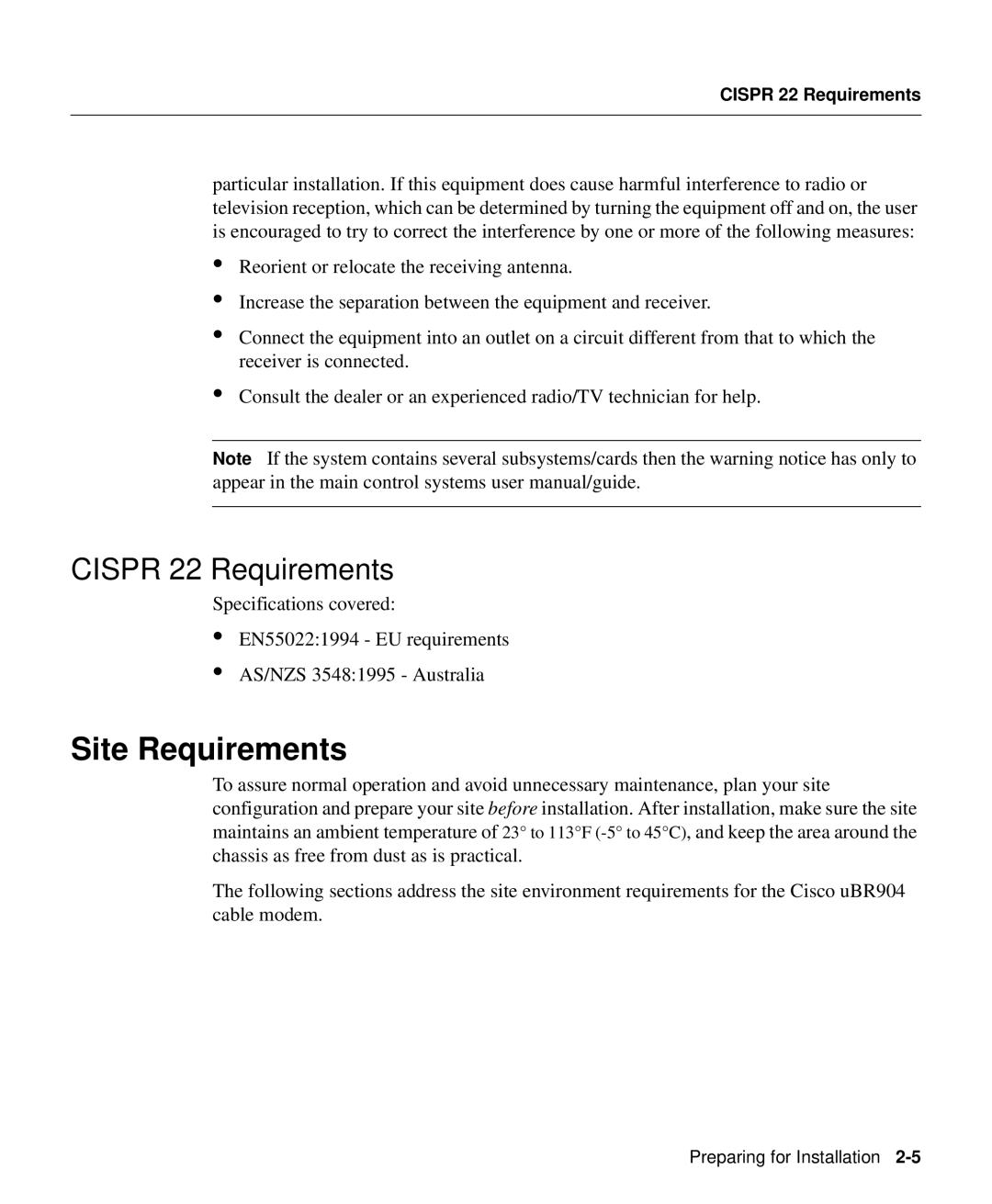 Cisco Systems UBR904 manual Site Requirements, Cispr 22 Requirements 