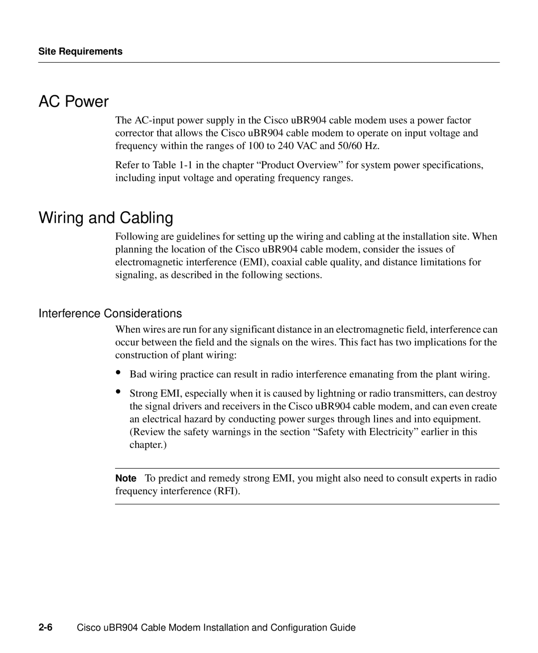 Cisco Systems UBR904 manual AC Power, Wiring and Cabling, Interference Considerations 