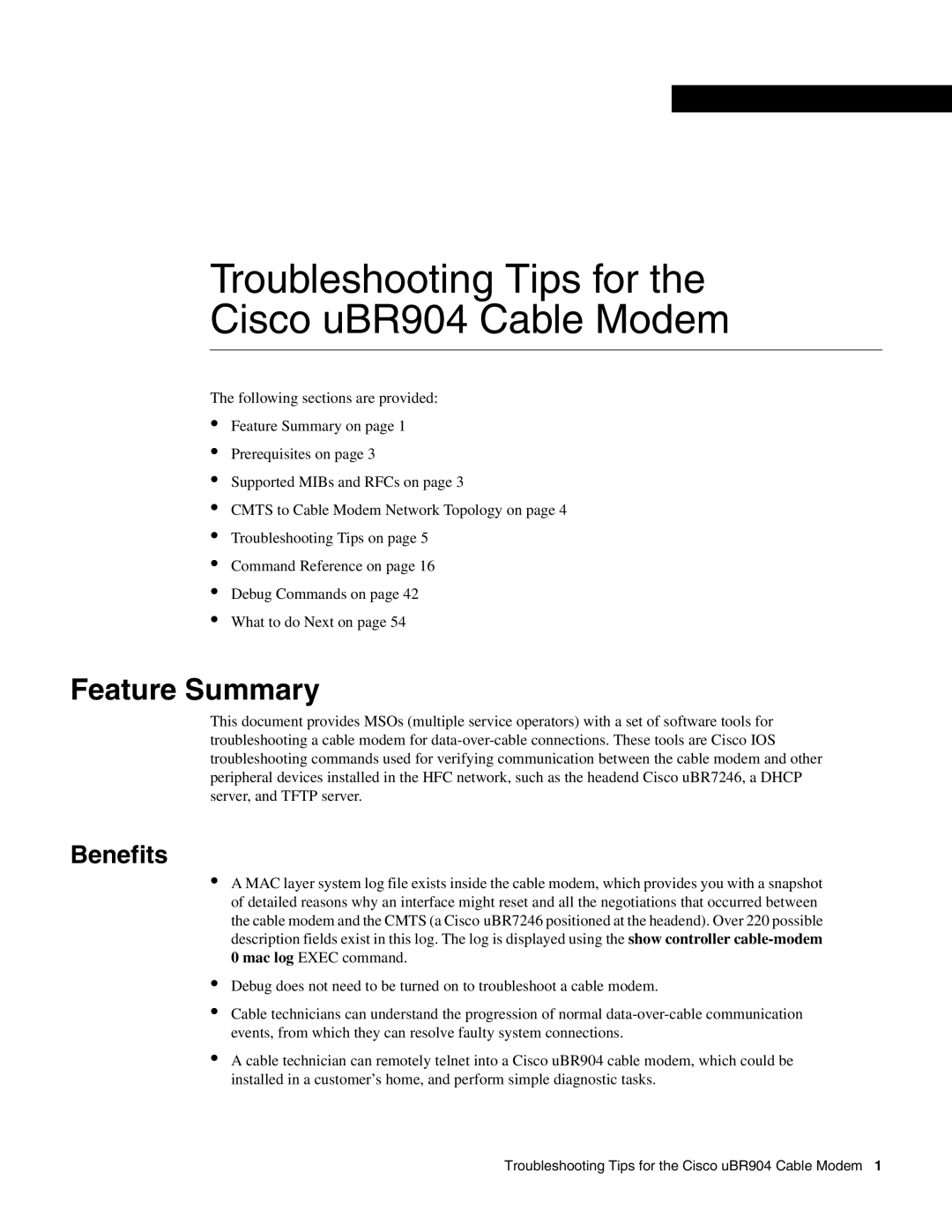 Cisco Systems UBR904 manual Feature Summary, Benefits 