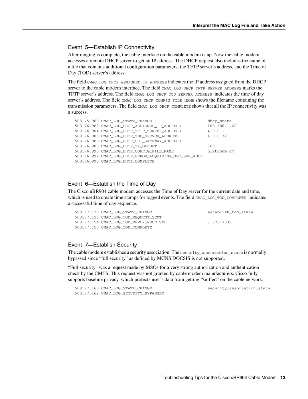 Cisco Systems UBR904 Event 5-Establish IP Connectivity, Event 6-Establish the Time of Day, Event 7-Establish Security 