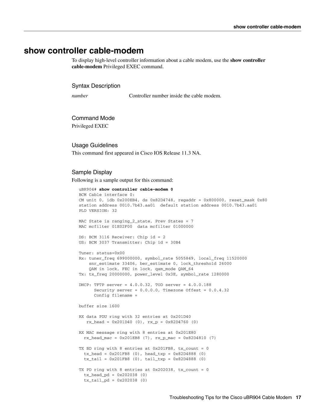 Cisco Systems UBR904 manual Show controller cable-modem, Syntax Description, Command Mode, Usage Guidelines, Sample Display 