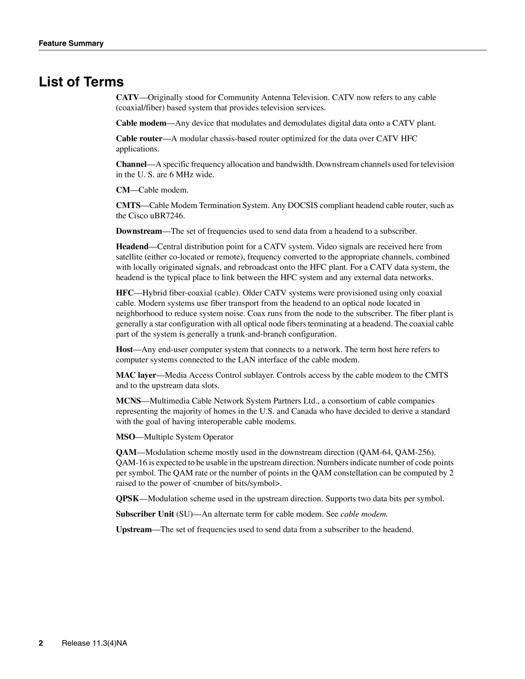 Cisco Systems UBR904 manual List of Terms, Feature Summary 