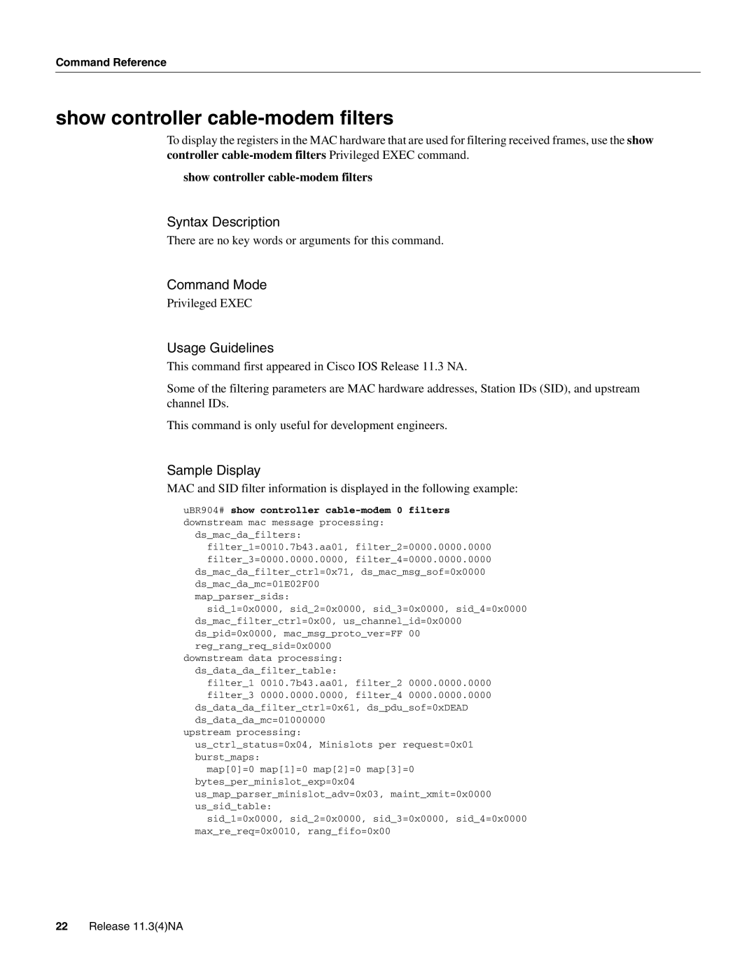 Cisco Systems UBR904 manual Show controller cable-modem filters, Dsmacdafilters 