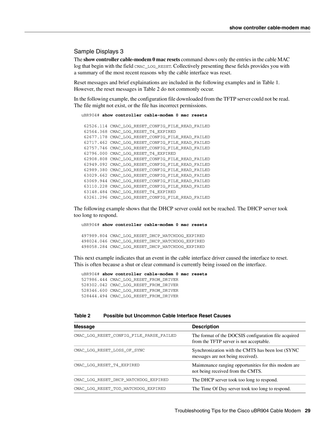 Cisco Systems UBR904 manual Sample Displays, Possible but Uncommon Cable Interface Reset Causes, Message Description 