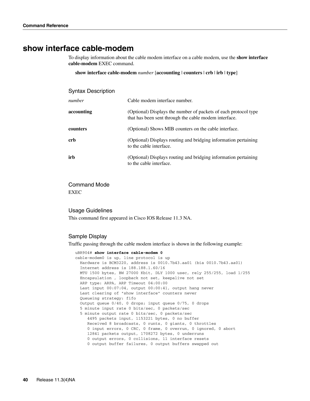 Cisco Systems UBR904 manual Show interface cable-modem, Accounting 