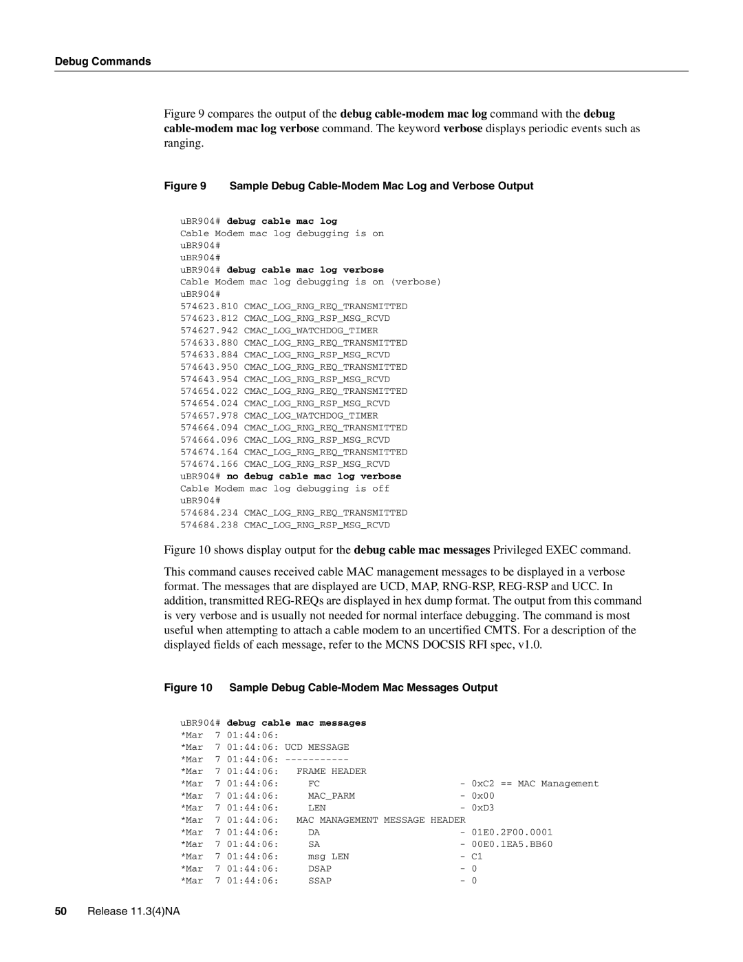 Cisco Systems manual UBR904# debug cable mac log verbose, Debug cable mac messages 