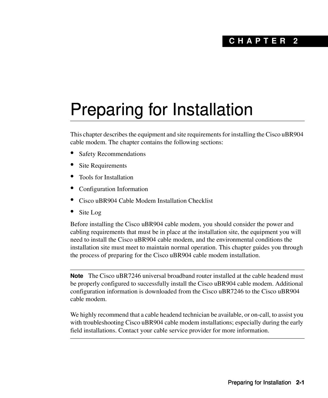 Cisco Systems UBR904 manual Preparing for Installation, C H A P T E R 