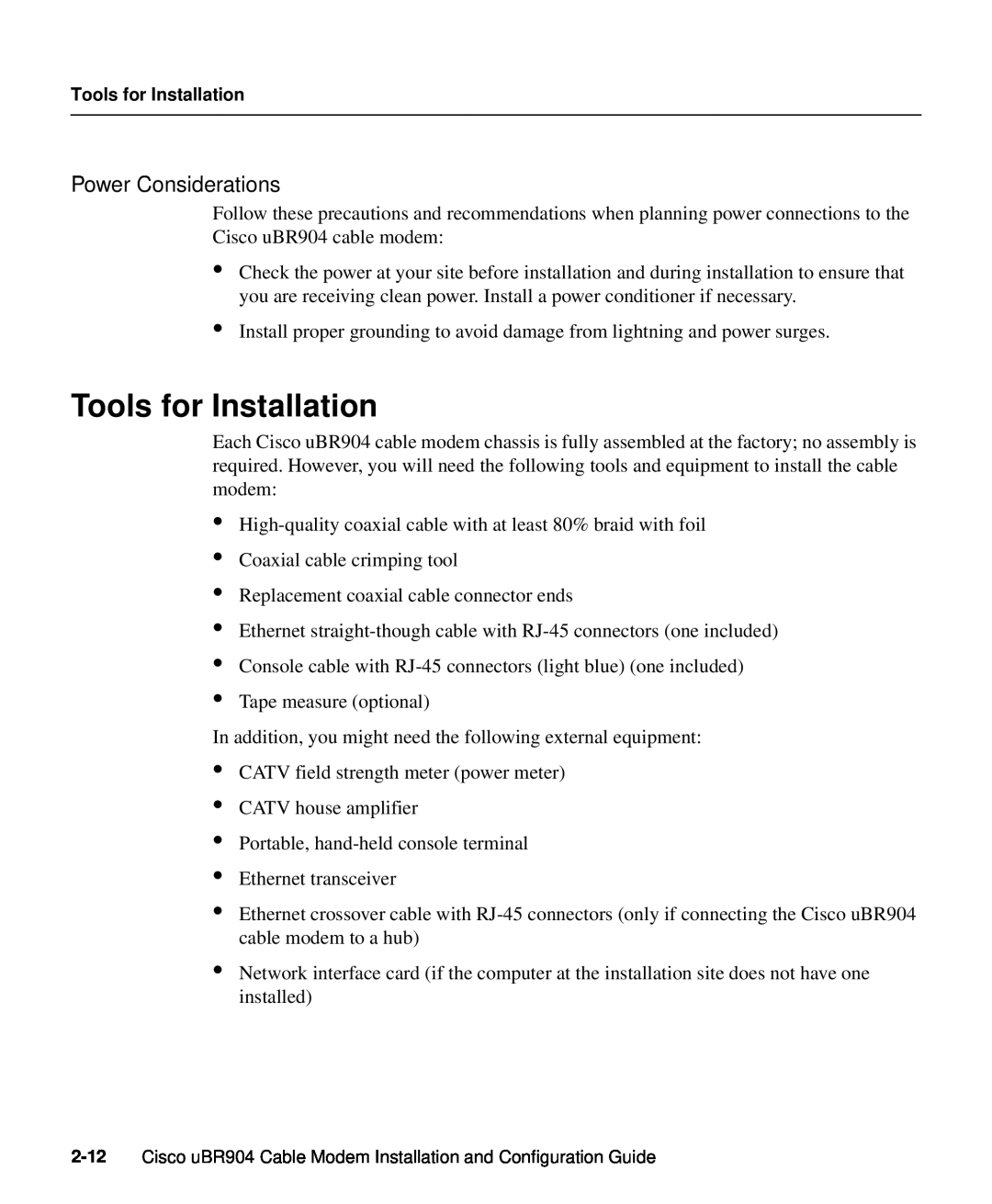 Cisco Systems UBR904 manual Tools for Installation, Power Considerations 