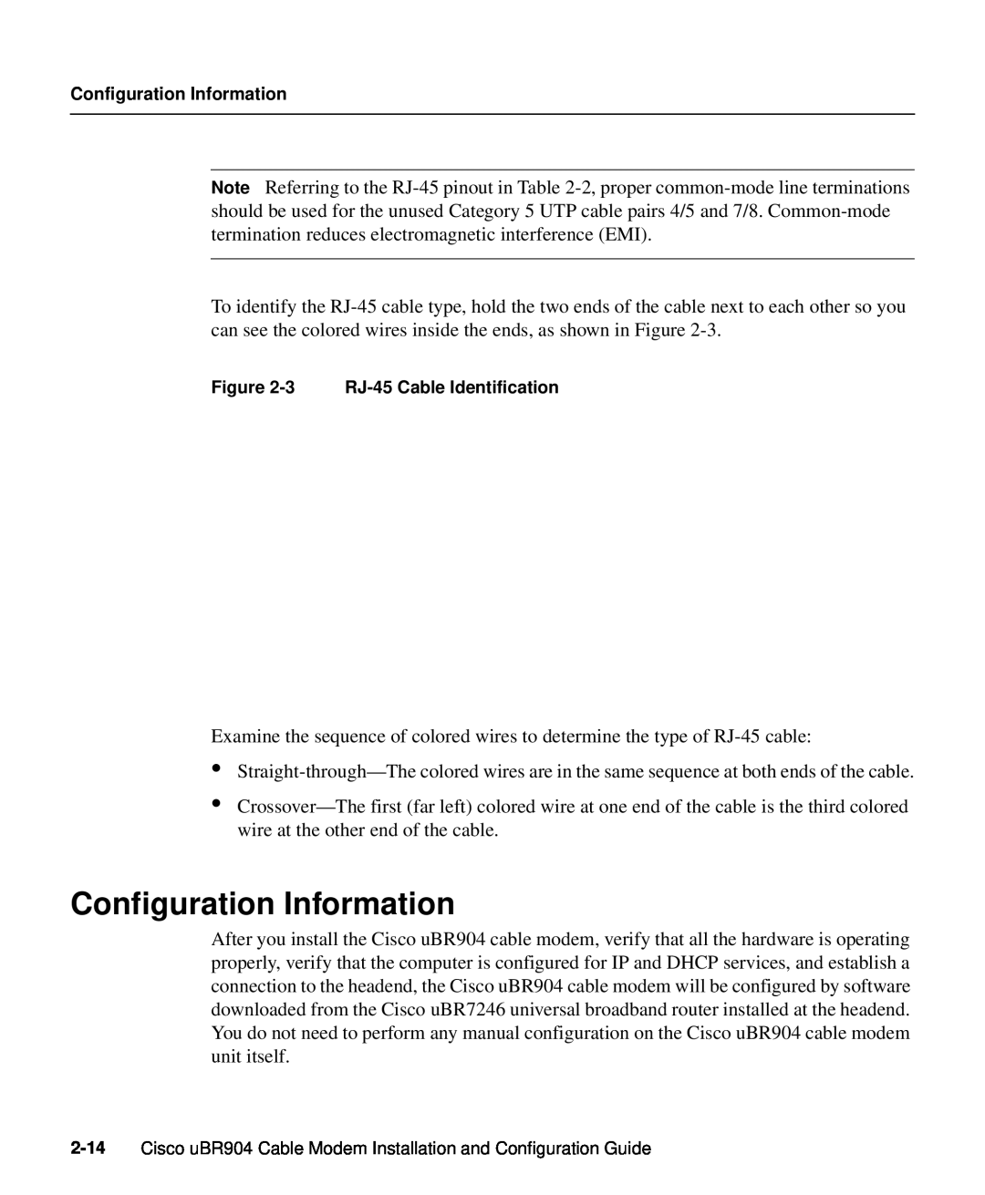 Cisco Systems UBR904 manual Configuration Information, 3 RJ-45 Cable Identification 