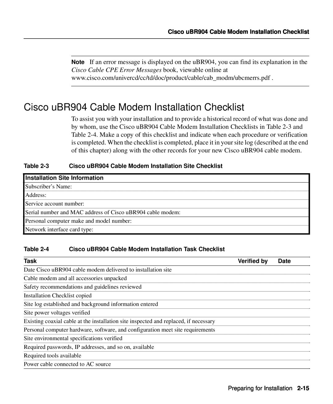 Cisco Systems UBR904 manual Cisco uBR904 Cable Modem Installation Checklist, Installation Site Information, Task 
