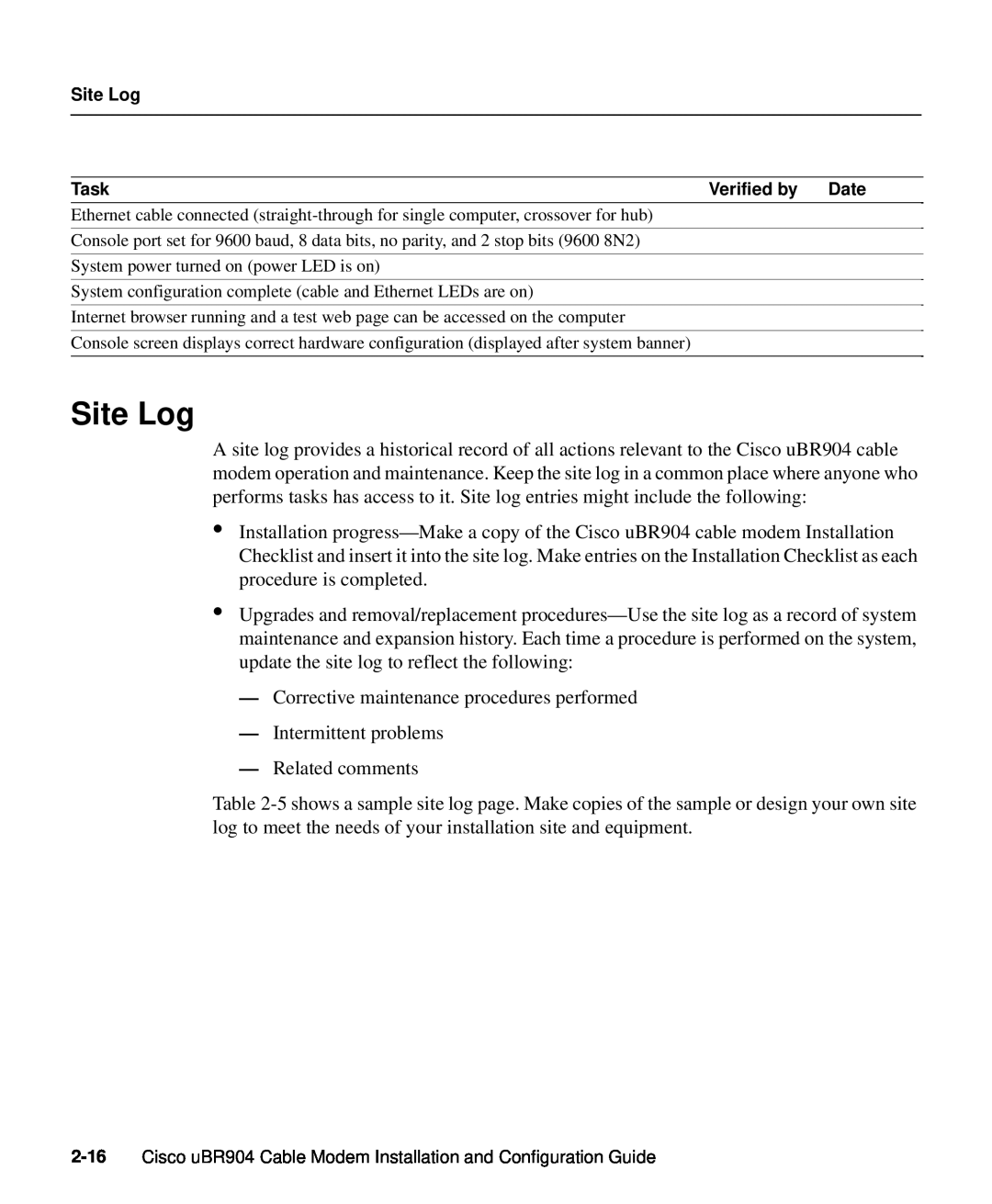 Cisco Systems UBR904 manual Site Log 