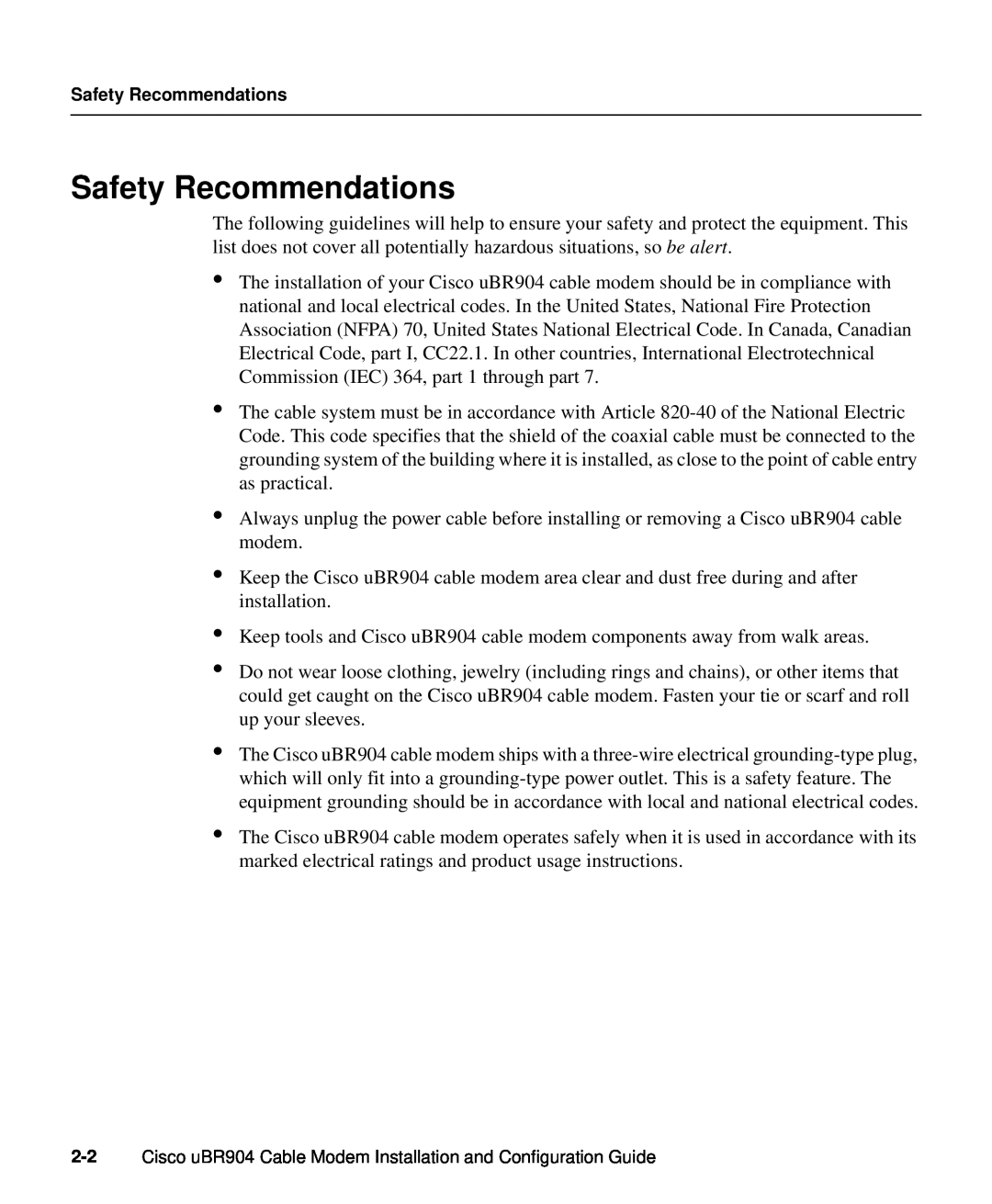 Cisco Systems UBR904 manual Safety Recommendations 