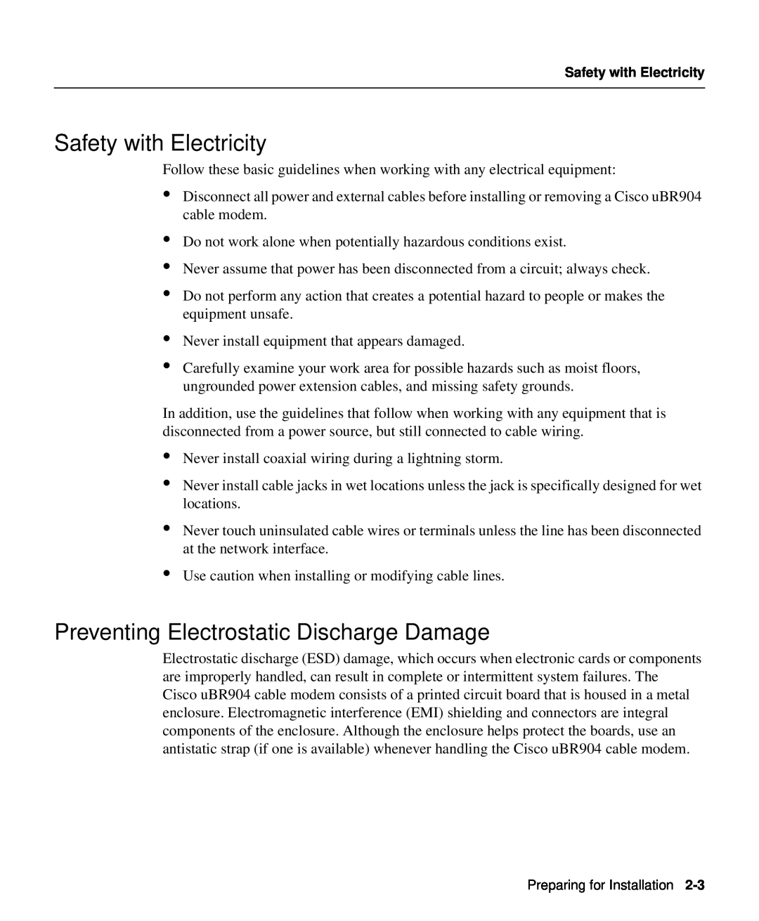 Cisco Systems UBR904 manual Safety with Electricity, Preventing Electrostatic Discharge Damage 