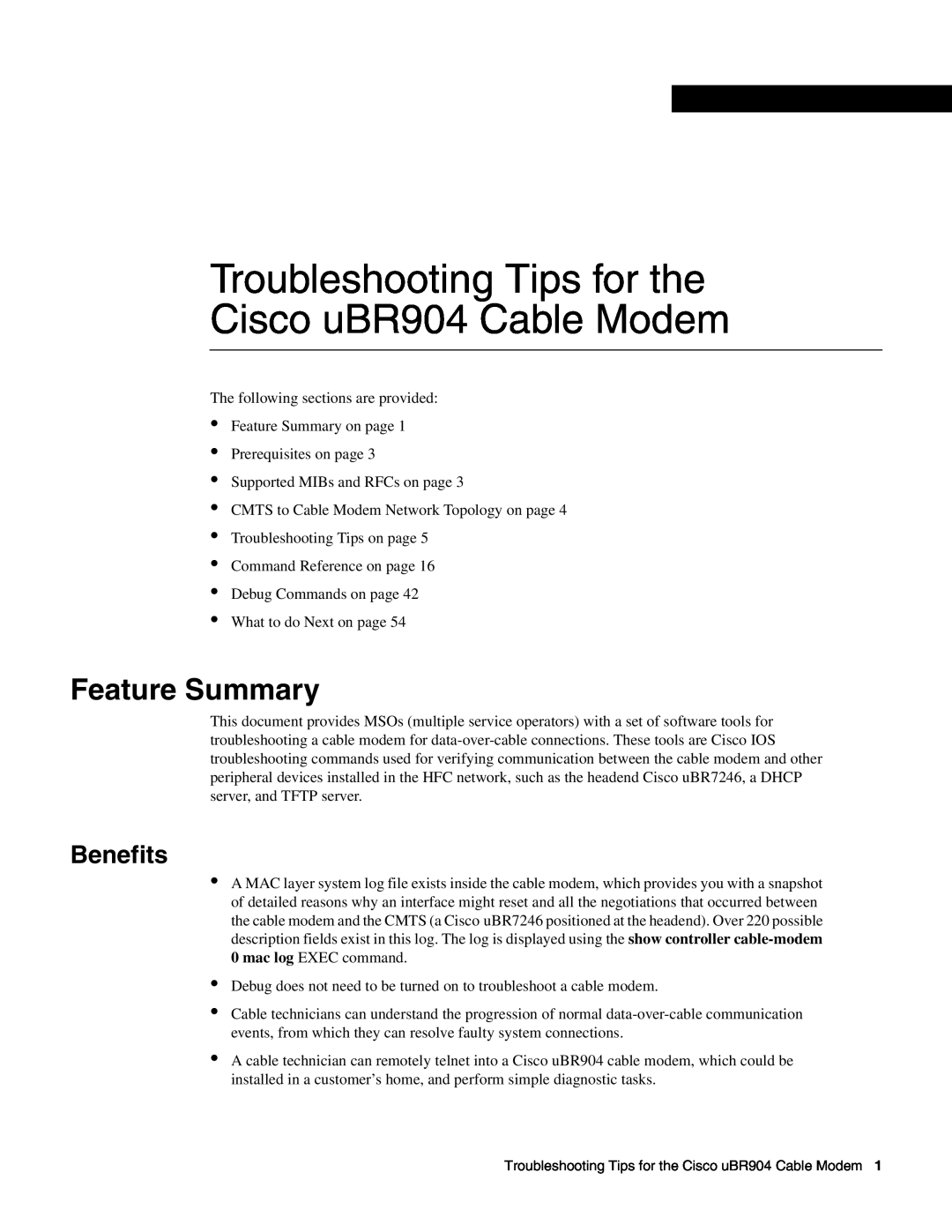 Cisco Systems UBR904 manual Feature Summary, Benefits, Troubleshooting Tips for the Cisco uBR904 Cable Modem 