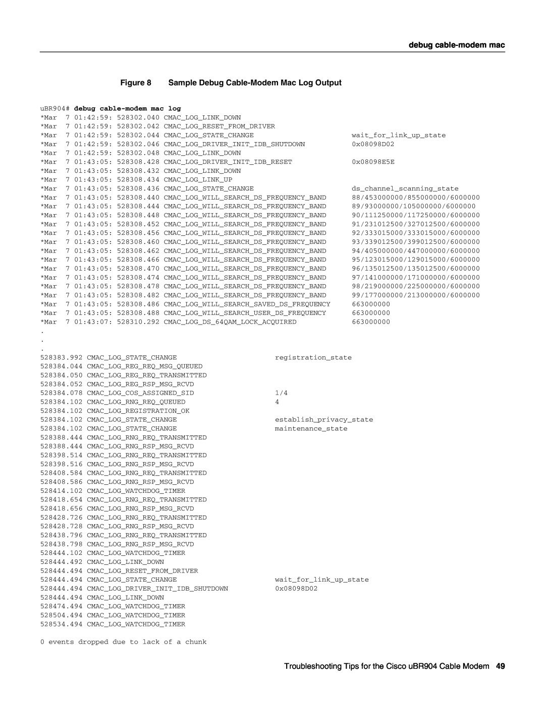 Cisco Systems UBR904 manual Sample Debug Cable-Modem Mac Log Output, uBR904# debug cable-modem mac log 