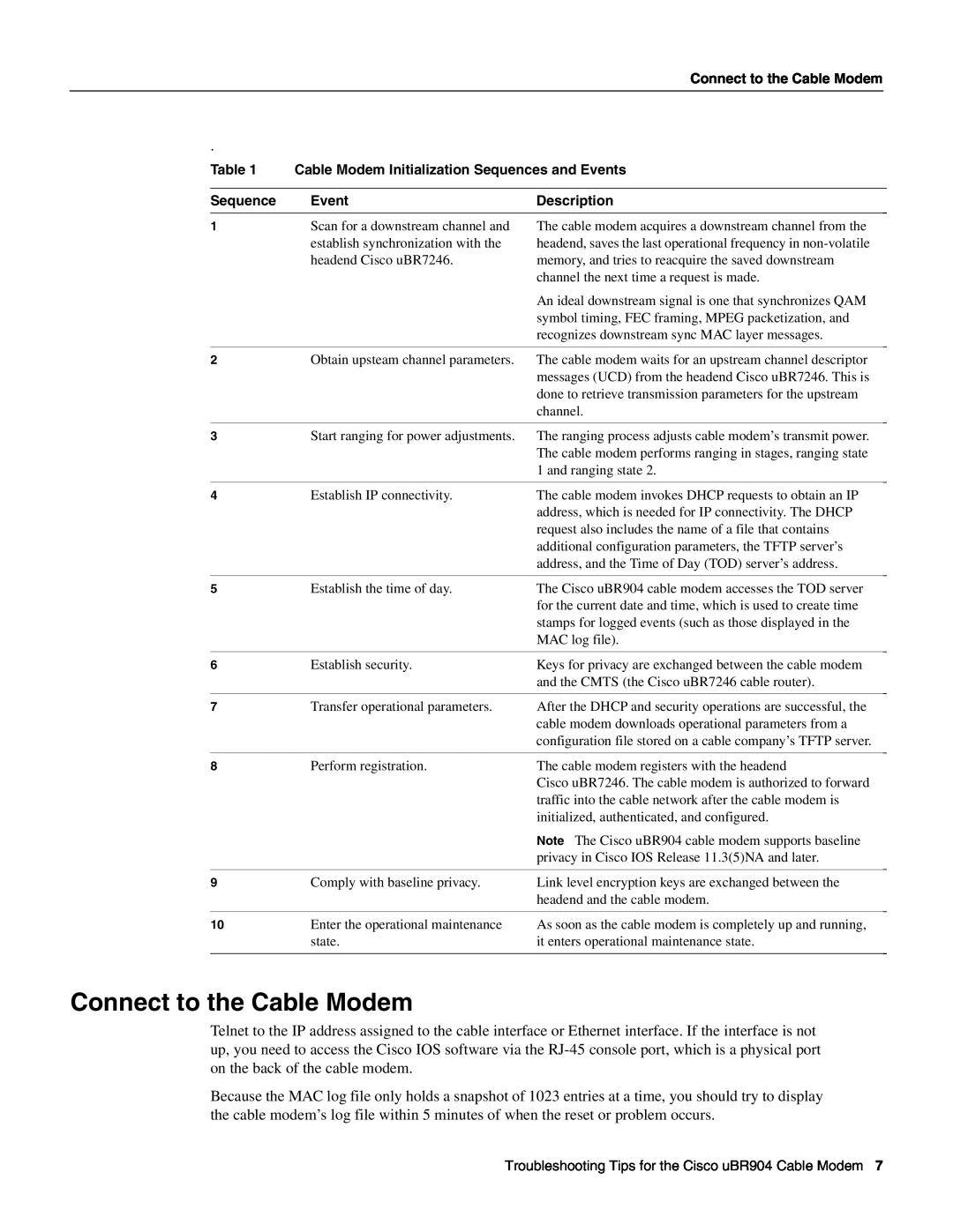 Cisco Systems UBR904 manual Connect to the Cable Modem, Cable Modem Initialization Sequences and Events, Description 