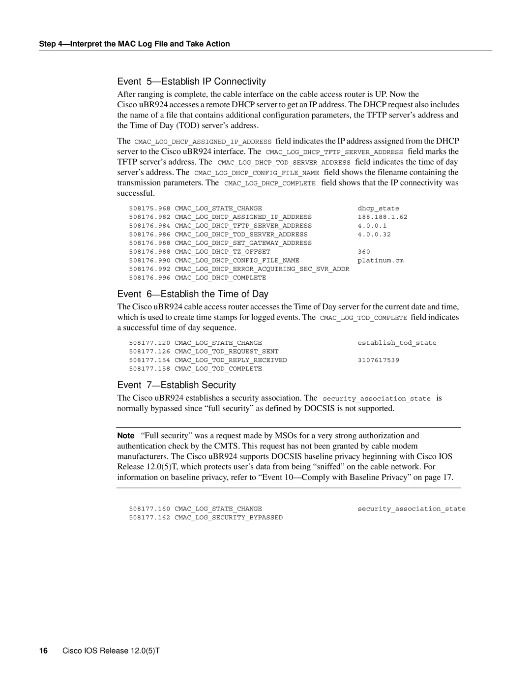 Cisco Systems UBR924 Event 5-Establish IP Connectivity, Event 6-Establish the Time of Day, Event 7-Establish Security 