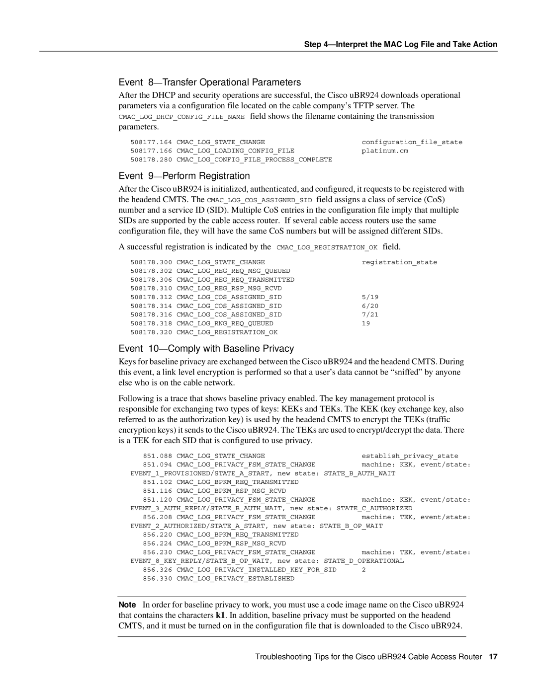 Cisco Systems UBR924 manual Event 10-Comply with Baseline Privacy, Cmaclogprivacyfsmstatechange, Cmaclogbpkmreqtransmitted 