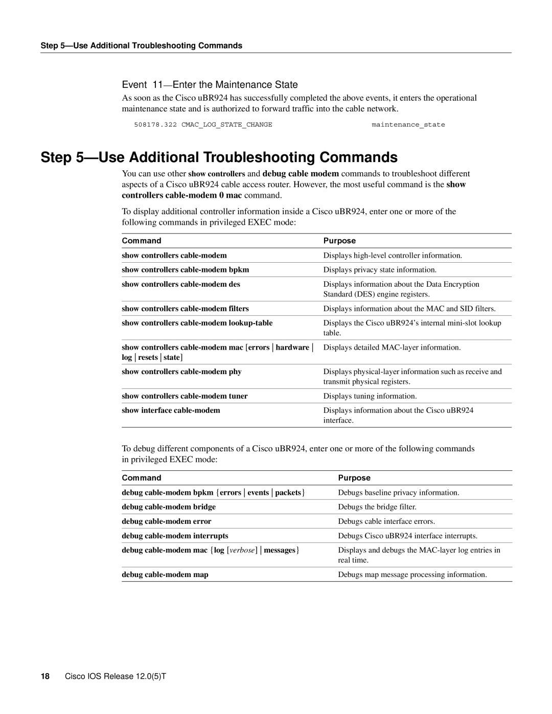 Cisco Systems UBR924 manual Use Additional Troubleshooting Commands, Event 11-Enter the Maintenance State 