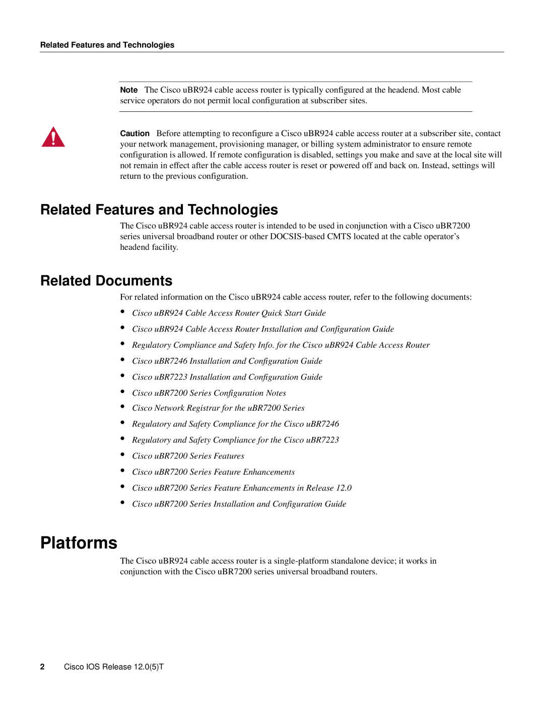 Cisco Systems UBR924 manual Related Features and Technologies, Related Documents 