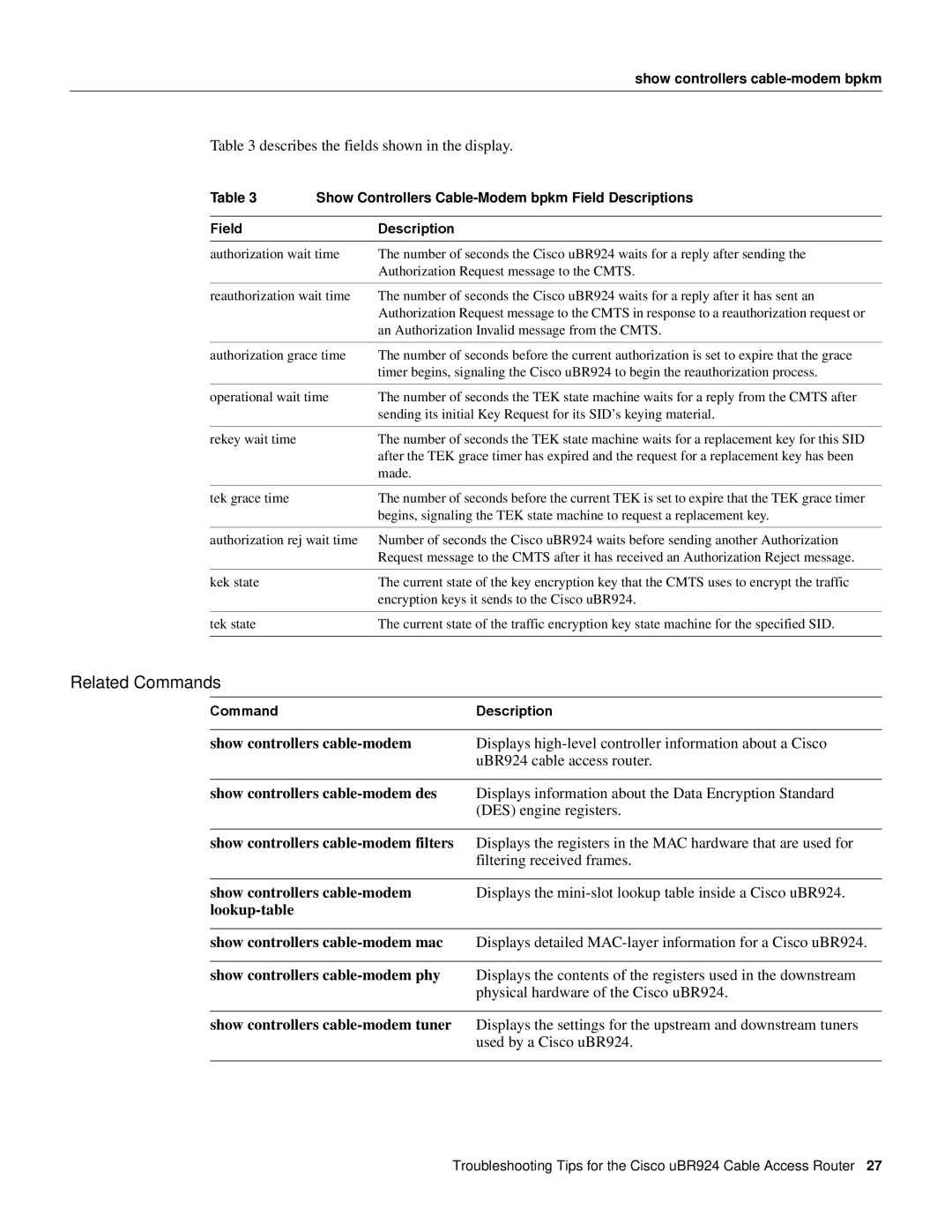 Cisco Systems UBR924 manual Related Commands, Describes the fields shown in the display 