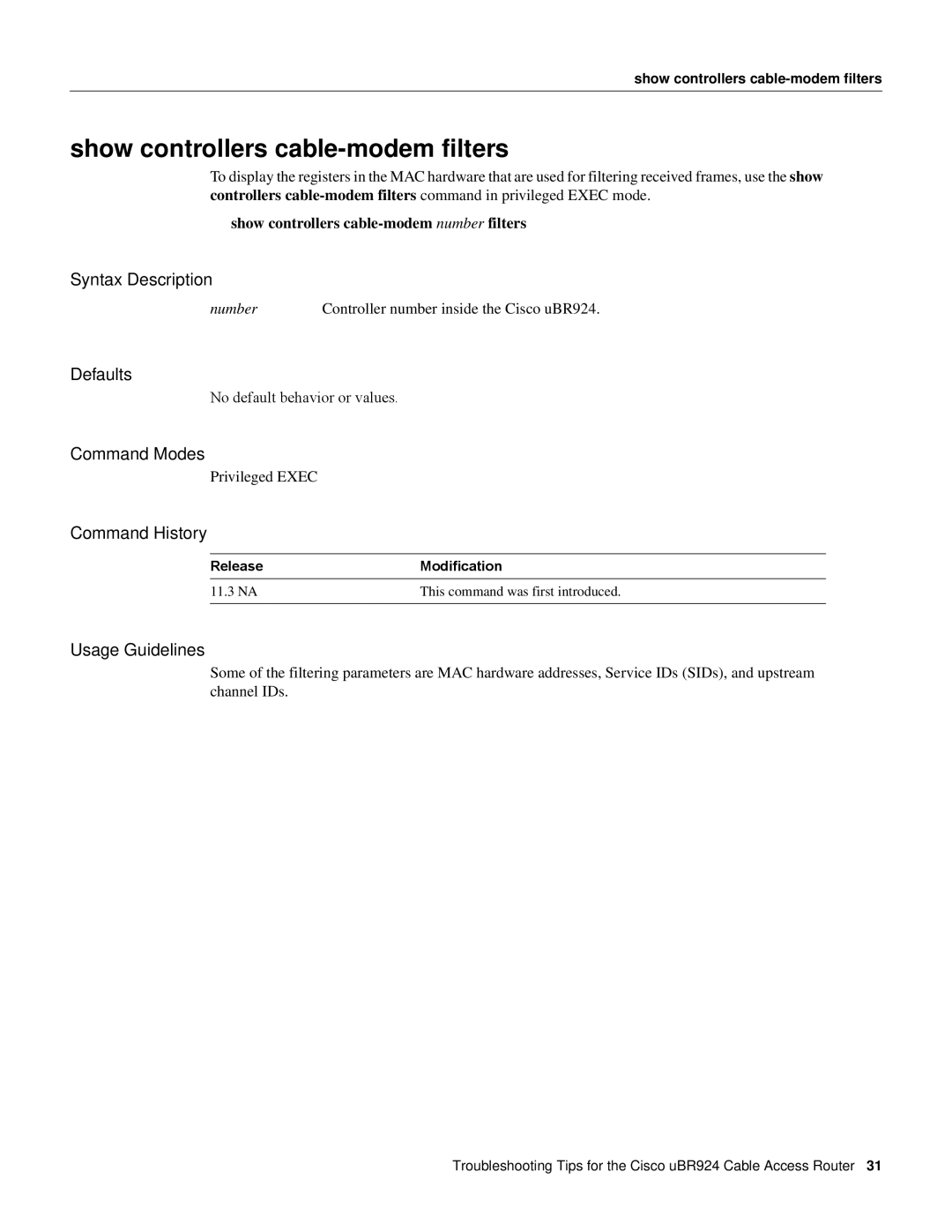 Cisco Systems UBR924 manual Show controllers cable-modem filters, Syntax Description 