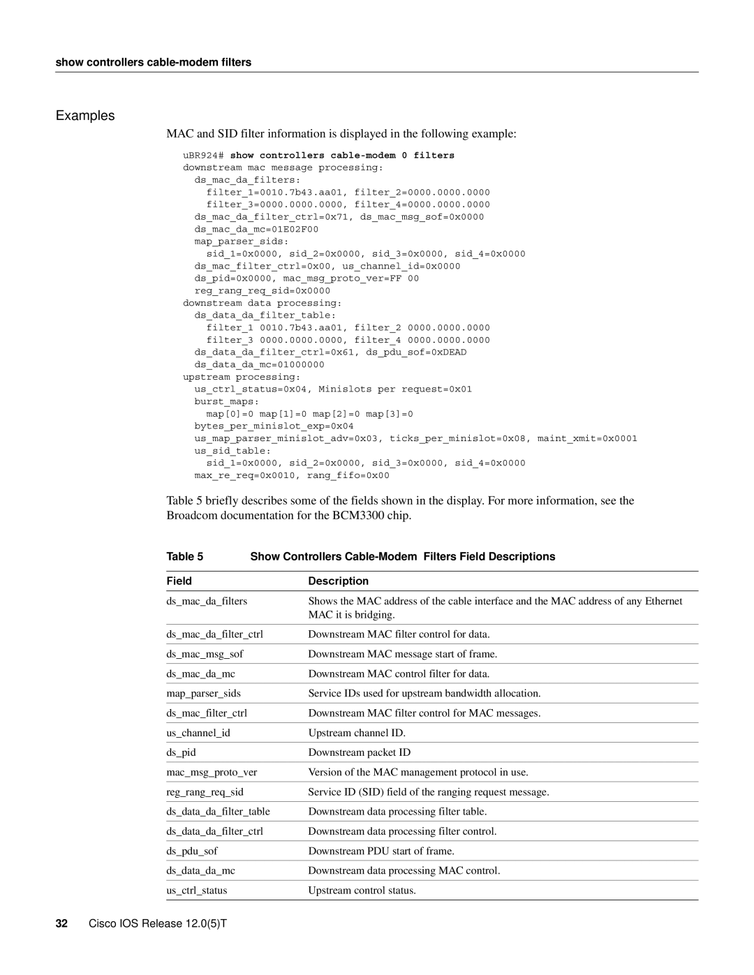 Cisco Systems UBR924 manual Show Controllers Cable-Modem Filters Field Descriptions 