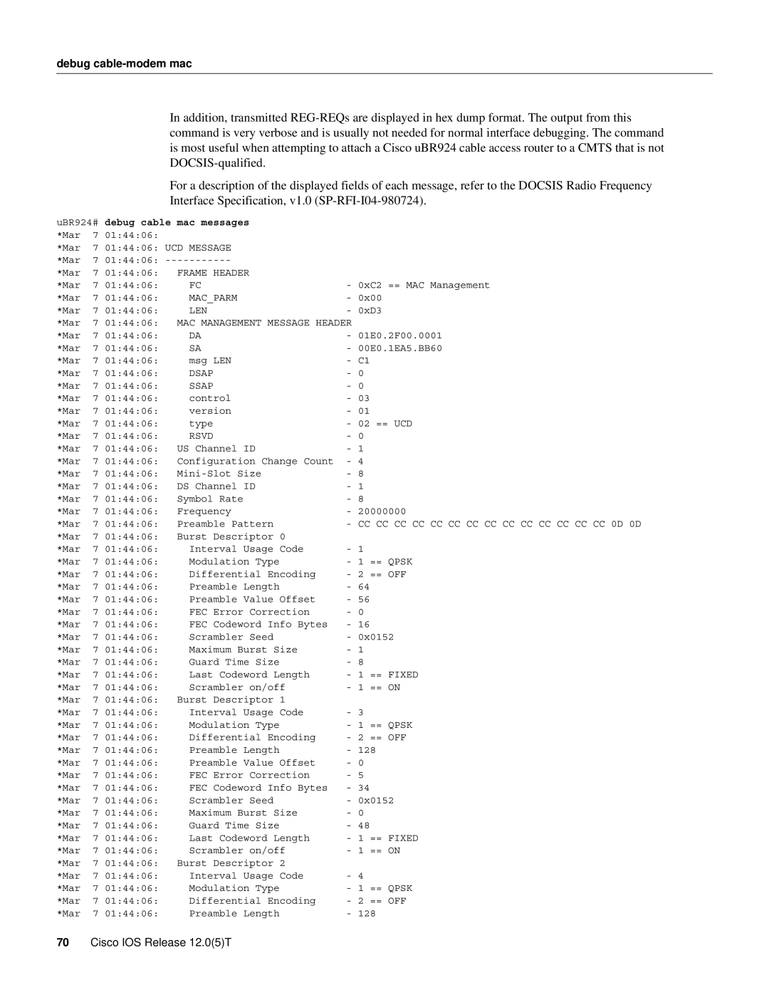 Cisco Systems UBR924 manual Debug cable mac messages 