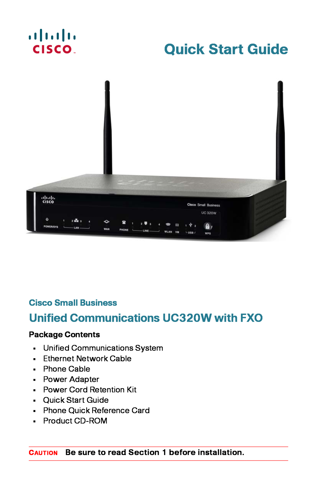 Cisco Systems quick start Cisco Small Business, Quick Start Guide, Unified Communications UC320W with FXO 