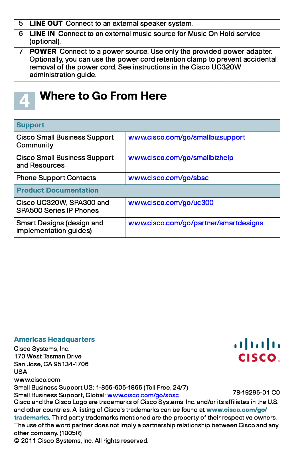Cisco Systems UC320W quick start Where to Go From Here, Support, Product Documentation, Americas Headquarters 
