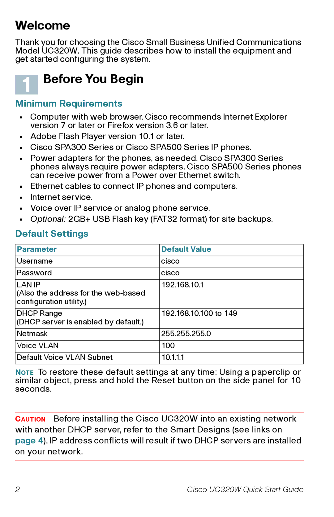 Cisco Systems UC320W quick start Welcome, Before You Begin, Parameter Default Value 