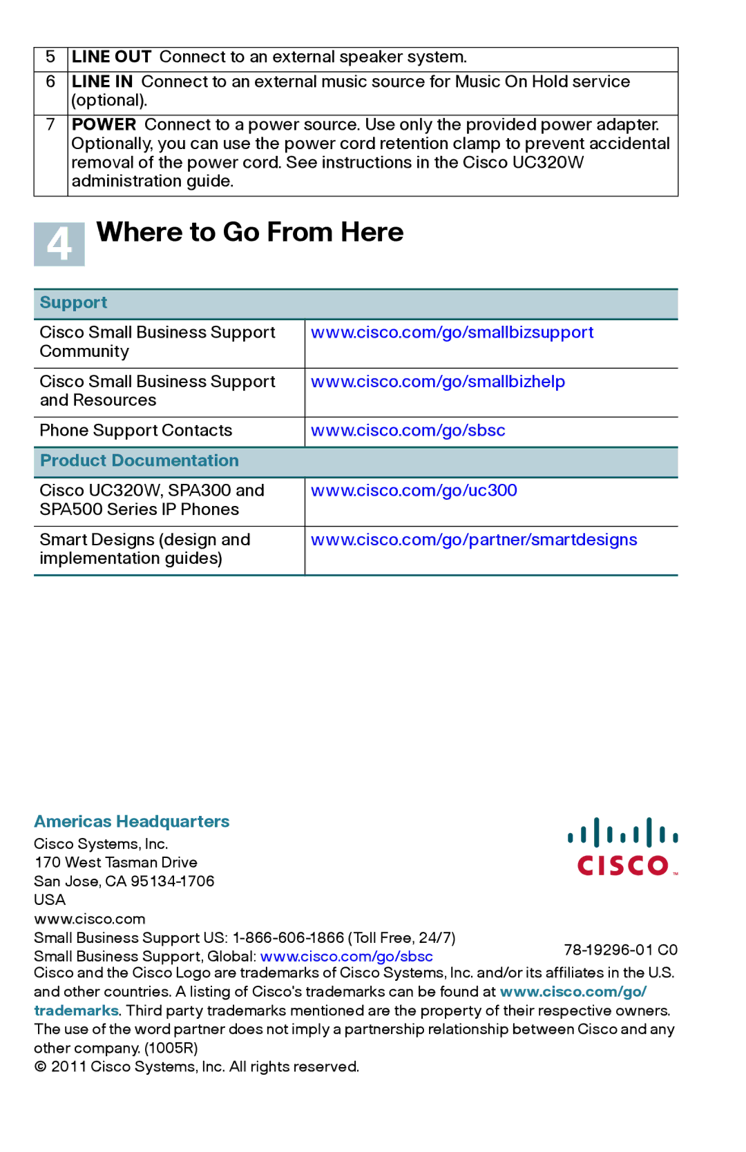 Cisco Systems UC320W quick start Where to Go From Here, Support, Product Documentation, Americas Headquarters 