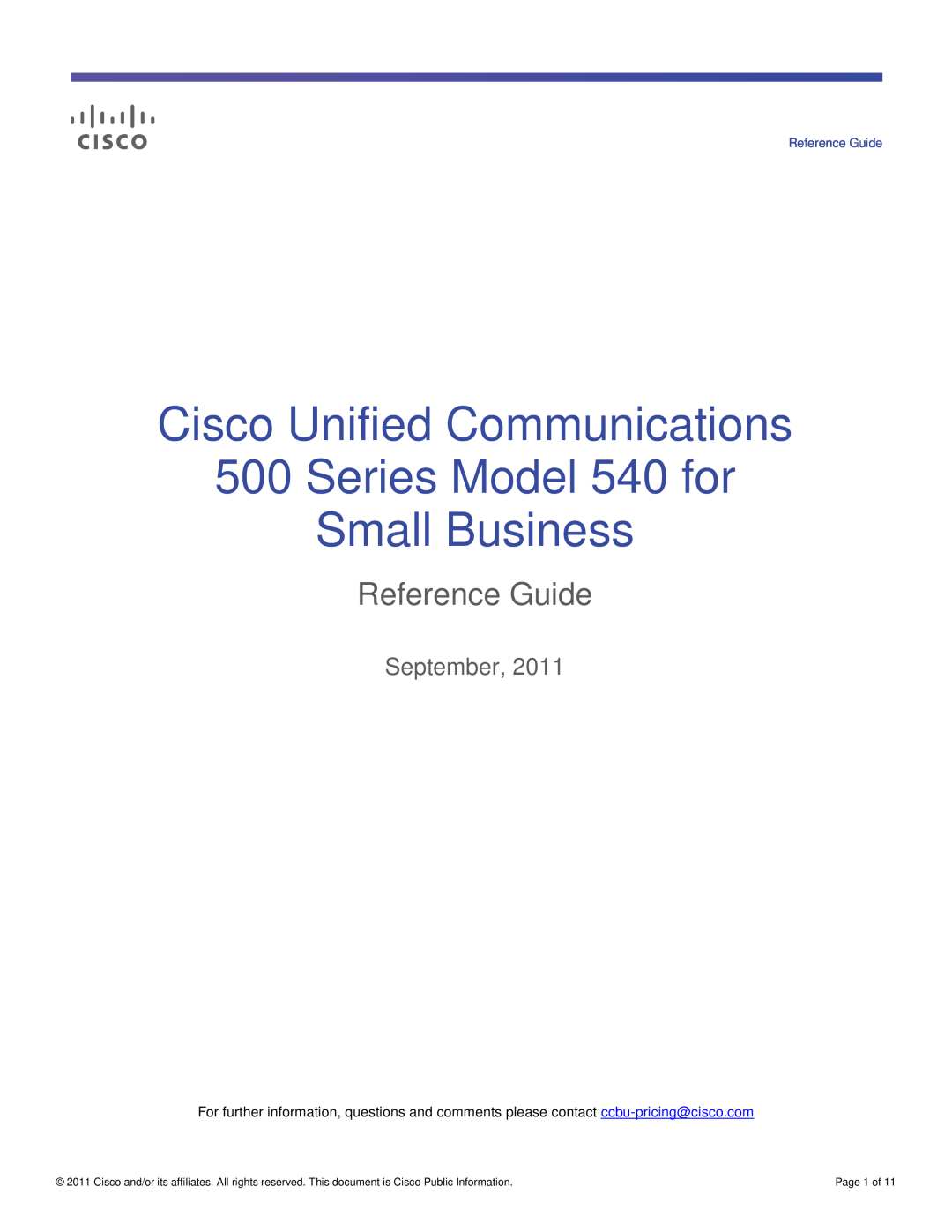 Cisco Systems UC540WFXOK9 manual Cisco Unified Communications 500 Series Model 540 for Small Business, Reference Guide 