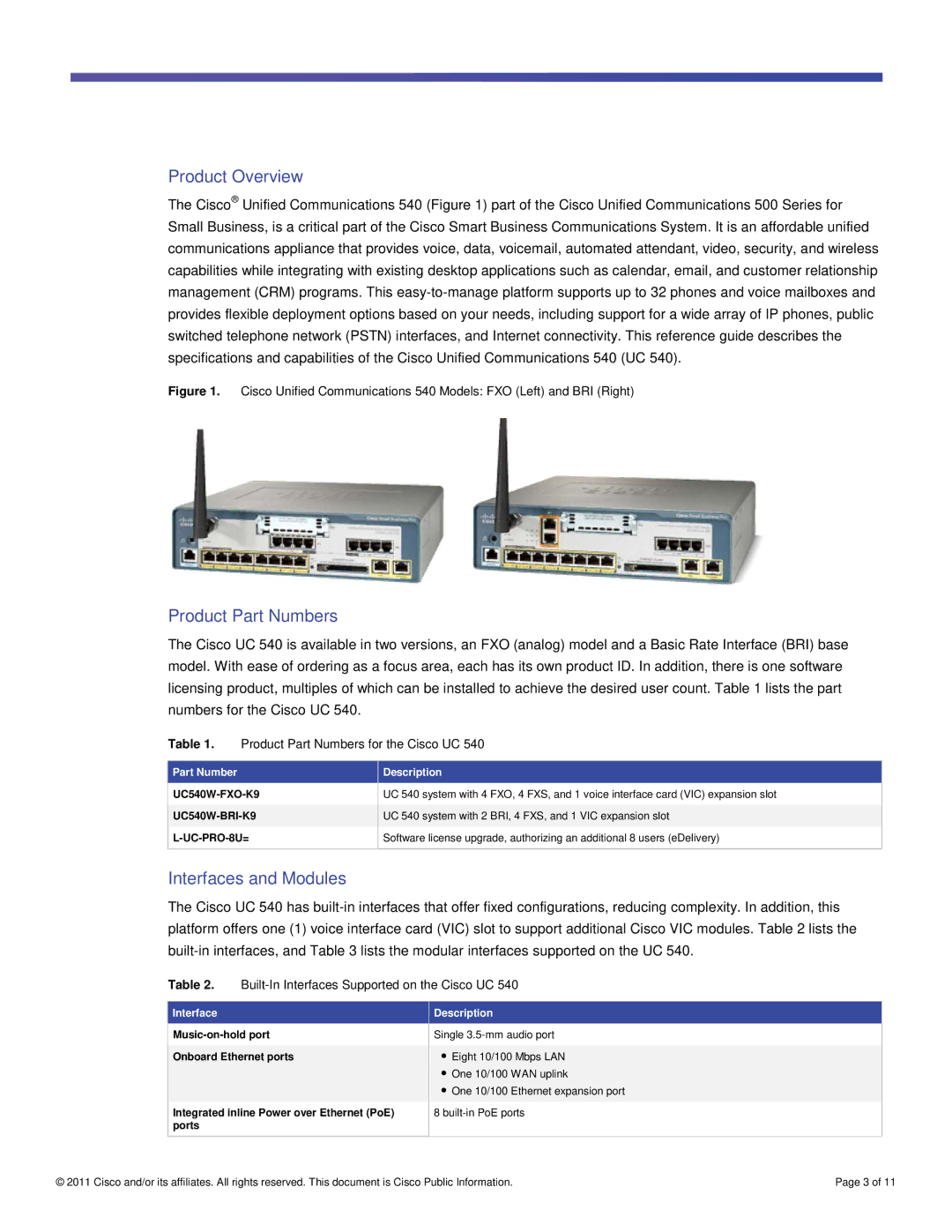 Cisco Systems UC540WFXOK9 manual Product Overview, Product Part Numbers, Interfaces and Modules 